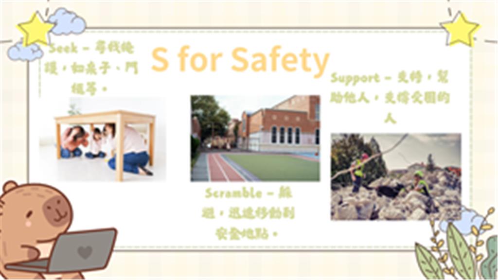 教育園丁的話圖片「S for Safety!」安全意識圖卡，學生完成之作品（列舉）