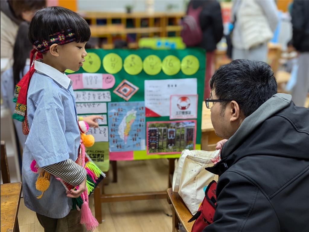 教育園丁的話圖片學生穿著原住民服飾，解說自己的主題探究成果。透過自主學習與文化探索，展現蒙特梭利課程的學習歷程與主體性。